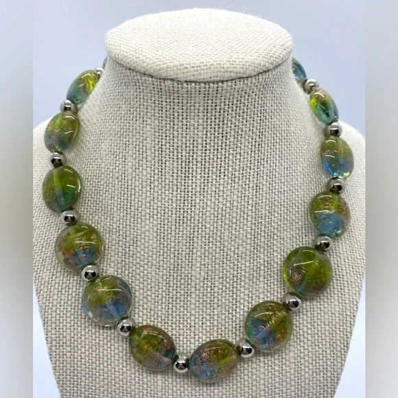 Green Gold Silver Beaded Chunky Necklace Vintage Boho-chic Retro Party Classic - Picture 1 of 11
